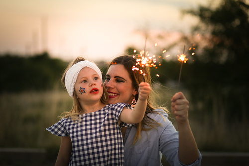 mother and daughter using fireworks 
